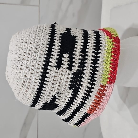 Free People Pixie Crochet Knit Bucket Hat Cream Black Orange Pink Green - Picture 6 of 9
